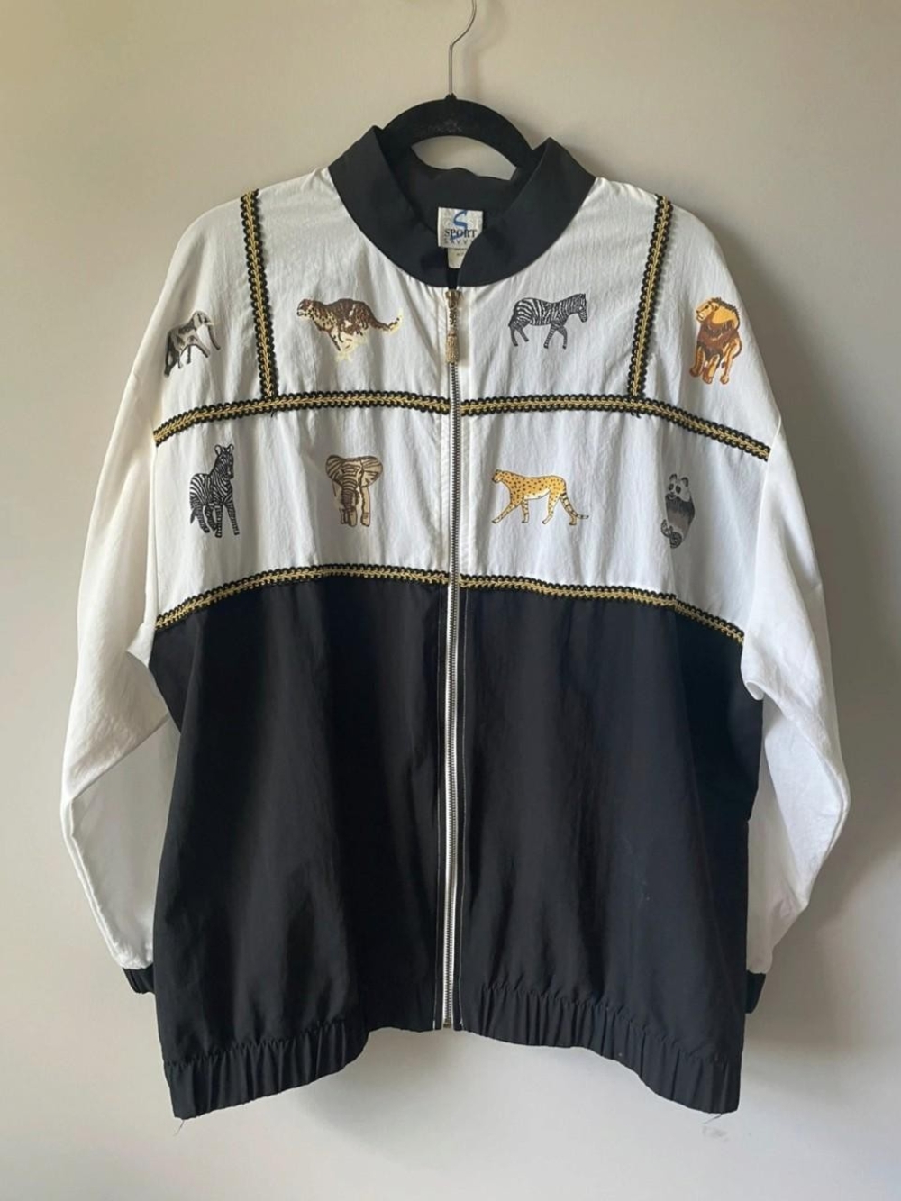 Animal Embroidered Two-Tone Zip Jacket - White & Black